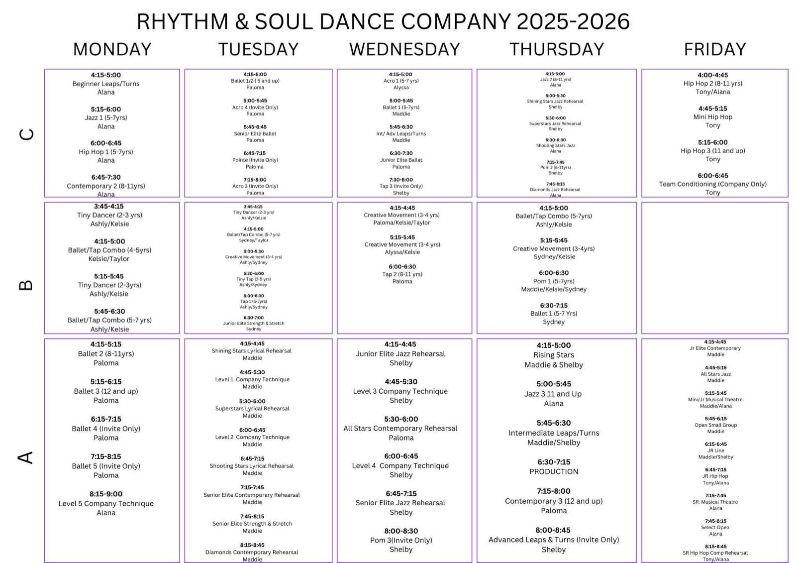 Rhythm and Soul 2025-2026 class schedule page 1